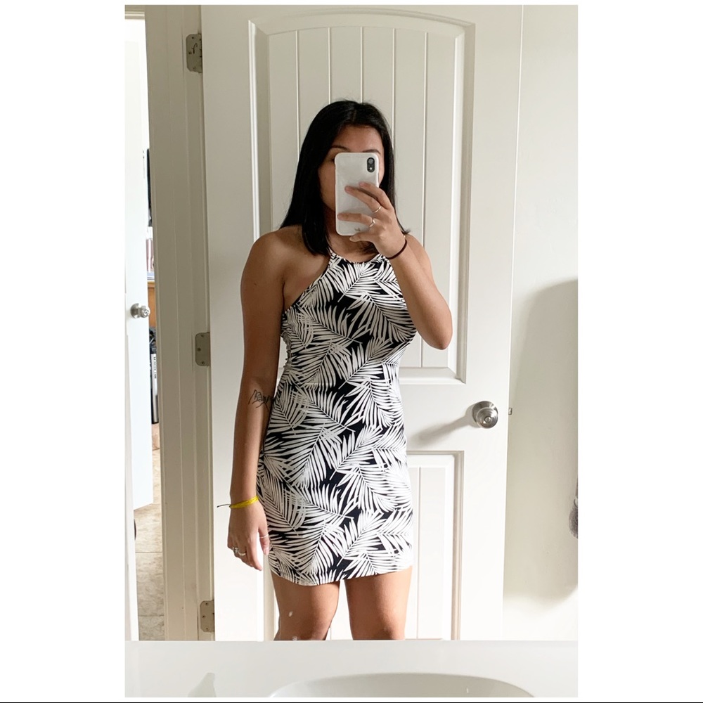 Tropical print body con halter dress